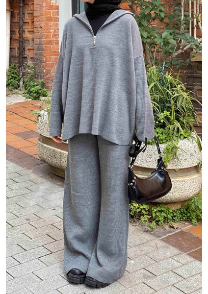 Selanik Pantalonlu Tesettür Takım Füme modelleri