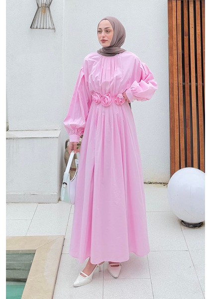 Pileli Poplin Elbise Şeker Pembesi