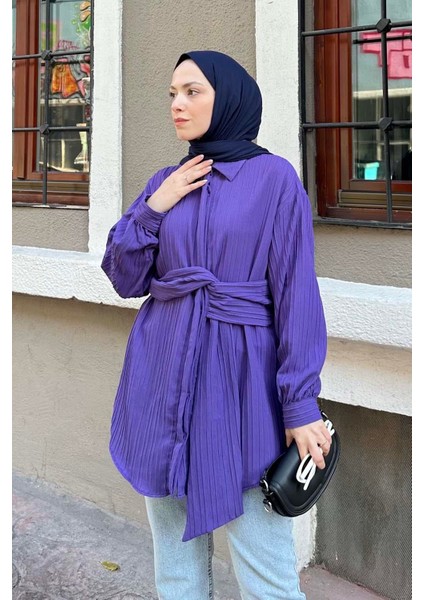 Belden Bağlamalı Tunik Gömlek Mor