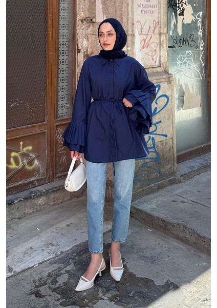 Piliseli Uzun Gömlek Lacivert