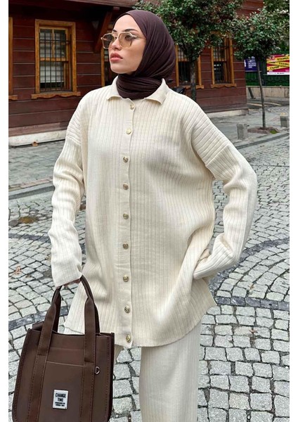 Polo Yaka Düğmeli Tesettür Takım Ekru modelleri