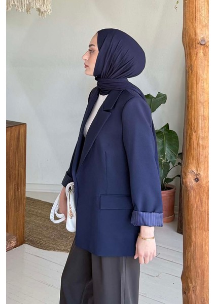 Çizgili Astarlı Tesettür Ceket Lacivert fiyatları