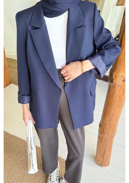 Çizgili Astarlı Tesettür Ceket Lacivert modelleri
