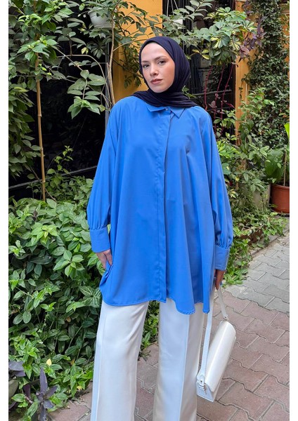 Gizli Düğme Detaylı Tesettür Tunik Indigo