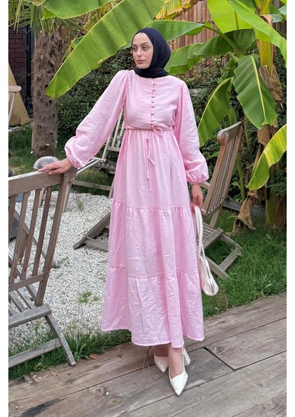 Bel Büzgülü Tesettür Elbise Pembe