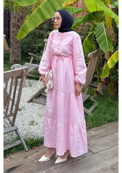 Bel Büzgülü Tesettür Elbise Pembe fiyatları