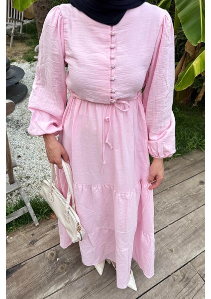 Bel Büzgülü Tesettür Elbise Pembe modelleri