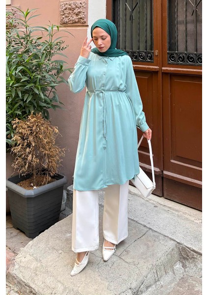 Bağlama Detaylı Uzun Tesettür Tunik Mint Yeşili