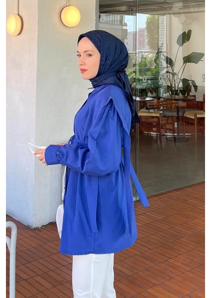 Bel Bağlamalı Omuz Vatkalı Gömlek Saks Mavisi fiyatları
