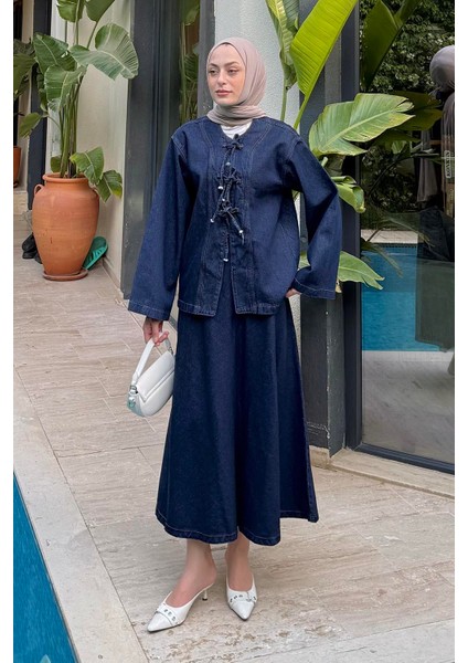 Bağcık Detaylı Denim Takım Kot Mavisi