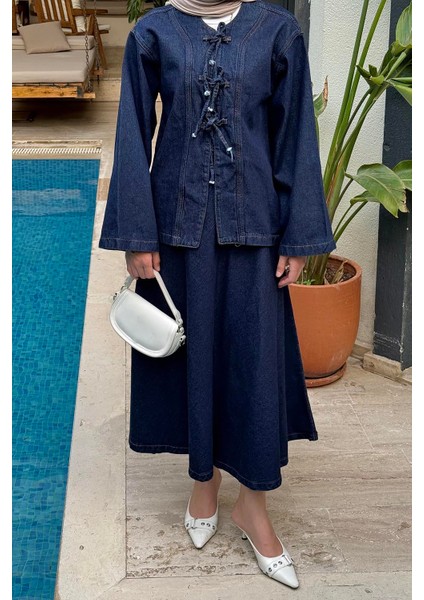 Bağcık Detaylı Denim Takım Kot Mavisi modelleri