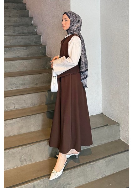 Düğmeli Etek-Yelek Tesettür Ikili Takım Acı Kahverengi fiyatları