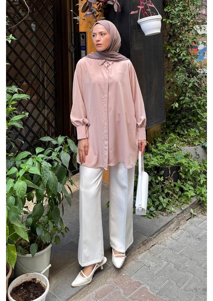 Gizli Düğme Detaylı Tesettür Tunik Pudra