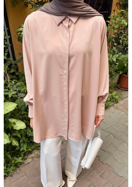 Gizli Düğme Detaylı Tesettür Tunik Pudra modelleri