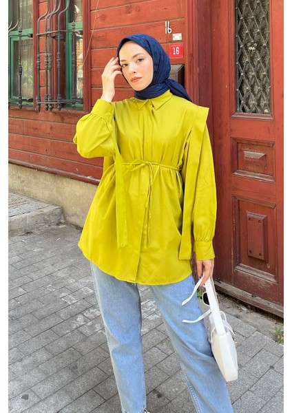 Bel Bağlamalı Omuz Vatkalı Gömlek Yağ Yeşili fiyatları