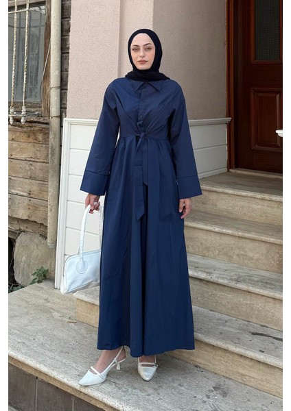Ön Bağlama Detaylı Tesettür Elbise Lacivert