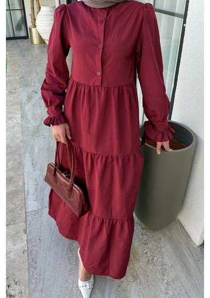 Kol Bağlama Detaylı Tesettür Elbise Bordo modelleri