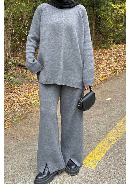 Basic Pantolon Önü Yırtmaçlı Triko Tesettür Takım Gri modelleri