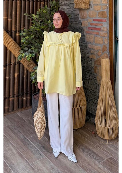 Hakim Yaka Önü Pileli Tunik Sarı