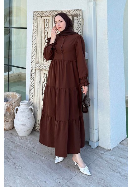 Kol Bağlama Detaylı Tesettür Elbise Acı Kahverengi