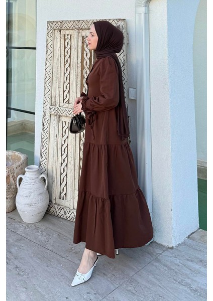 Kol Bağlama Detaylı Tesettür Elbise Acı Kahverengi fırsatları