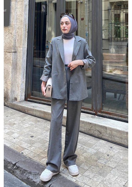 Çizgili Ceket Tesettür Takım Füme