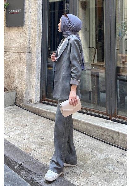 Çizgili Ceket Tesettür Takım Füme fiyatları