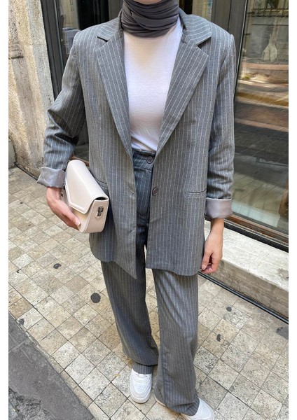 Çizgili Ceket Tesettür Takım Füme modelleri