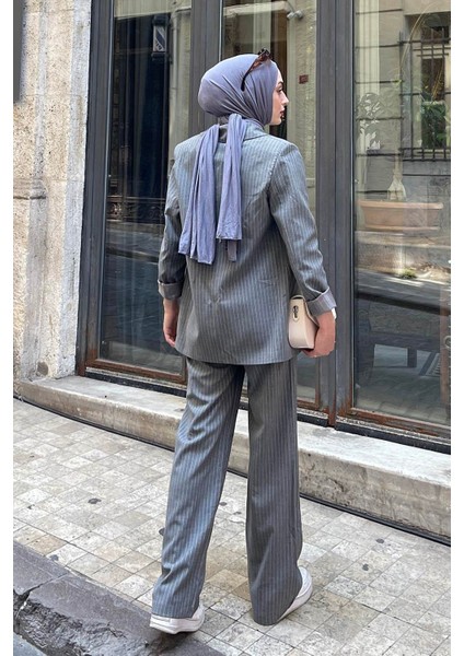 Çizgili Ceket Tesettür Takım Füme fırsatları