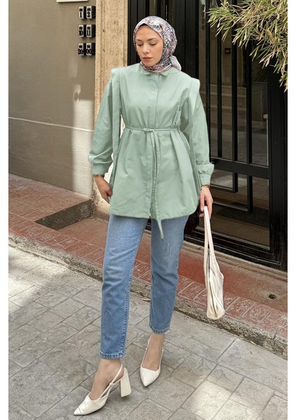 Bel Bağlamalı Omuz Vatkalı Gömlek Mint Yeşili
