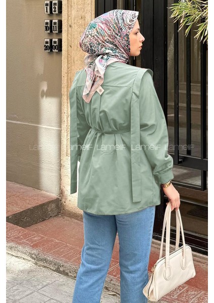Bel Bağlamalı Omuz Vatkalı Gömlek Mint Yeşili modelleri
