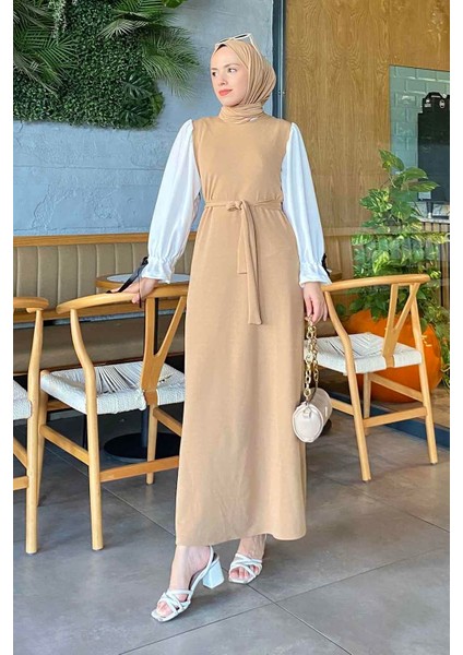 Balon Kol Kemerli Elbise Sütlü Kahve