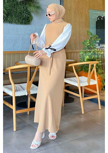 Balon Kol Kemerli Elbise Sütlü Kahve fiyatları