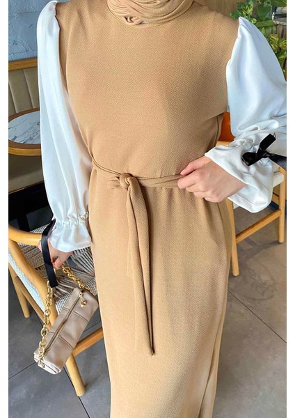 Balon Kol Kemerli Elbise Sütlü Kahve modelleri