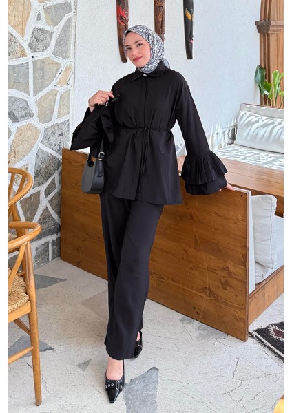 Piliseli Uzun Gömlek Siyah