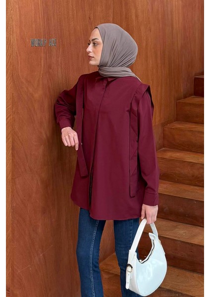 Omuz Vatka Detaylı Tesettür Gömlek Bordo modelleri