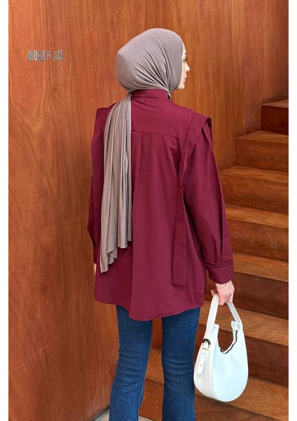 Omuz Vatka Detaylı Tesettür Gömlek Bordo fırsatları