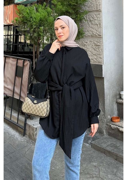 Belden Bağlamalı Tunik Gömlek Siyah