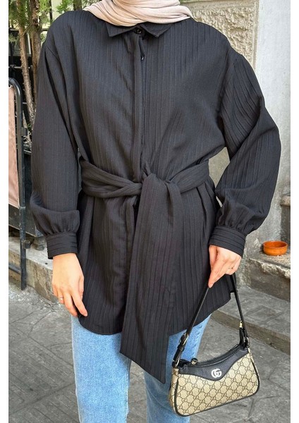 Belden Bağlamalı Tunik Gömlek Siyah modelleri