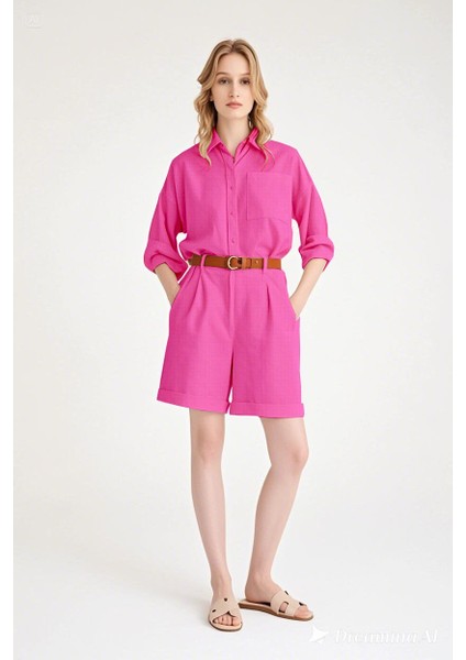 Yazlık Keten Uzun Kol Gömlek Şort Ikili Fuşya Takım