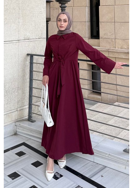 Ön Bağlama Detaylı Tesettür Elbise Bordo