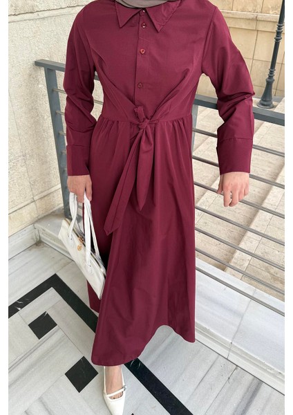 Ön Bağlama Detaylı Tesettür Elbise Bordo modelleri
