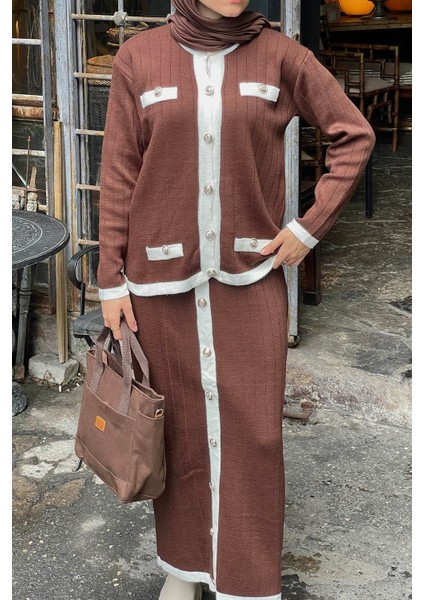 Cep Detaylı Düğme Detaylı Triko Takım Acı Kahverengi modelleri