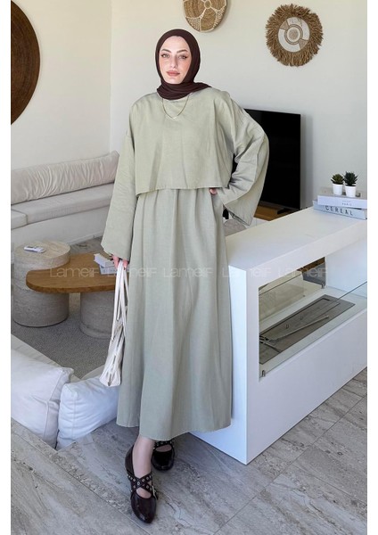 Etekli Tesettür Takım Çağla Yeşili