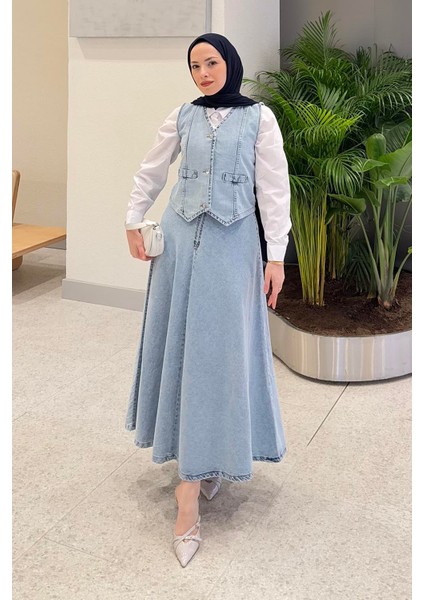 Kruvaz Kapama Kot Etekli Takım Buz Mavisi