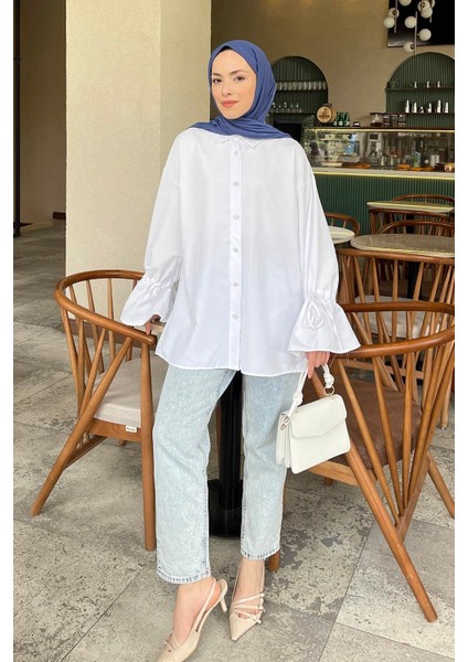 Kol Tünel Ip Detaylı Gömlek Beyaz