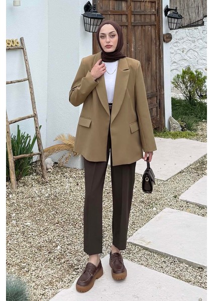 Çizgili Astarlı Tesettür Ceket Haki