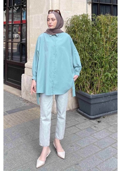 Kol Detaylı Gömlek oversize Gömlek Mint Yeşili
