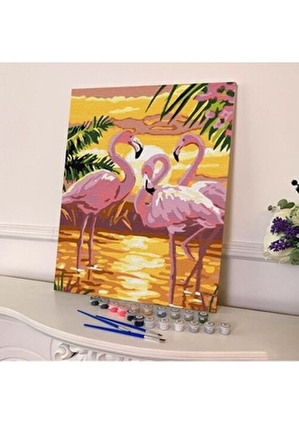 Flamingo Ailesi Sayılarla Boyama Seti 40 x 50 cm Akrilik Boya ve Fırça ile