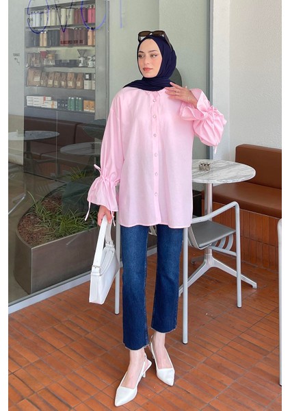 Kol Tünel Ip Detaylı Gömlek Şeker Pembesi